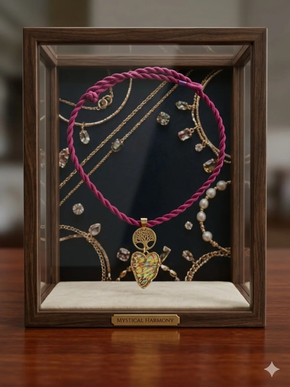Abalone Gold Tree of Life Heart Pendant Necklace on Burgundy Cord